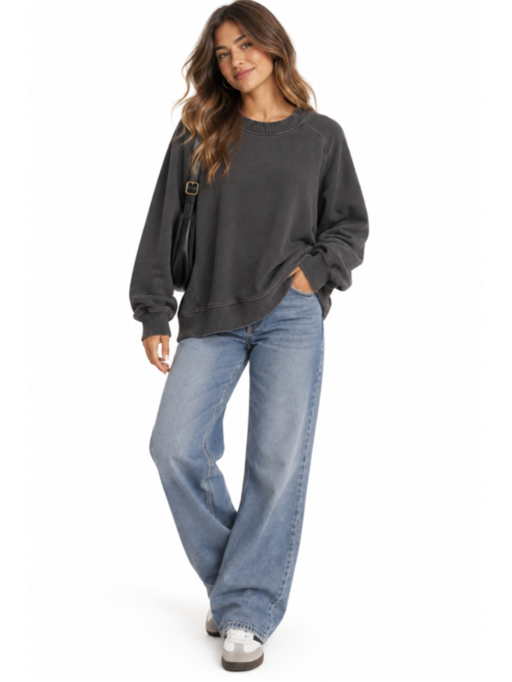 Aerie Oversized Charcoal Gray Ribbed Side Panel Crewneck Sweatshirt Size M